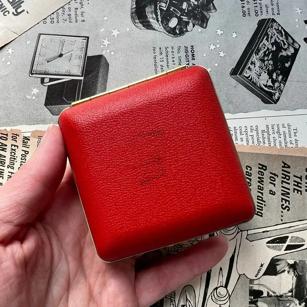 Vintage 1950s Rensie Red Travel Alarm Clock Japan Brass Folding Case Working